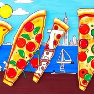 Vibrant pizza slices with Florida landmarks in background.