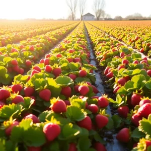 Vibrant strawberry fields blanketed in winter sunshine.