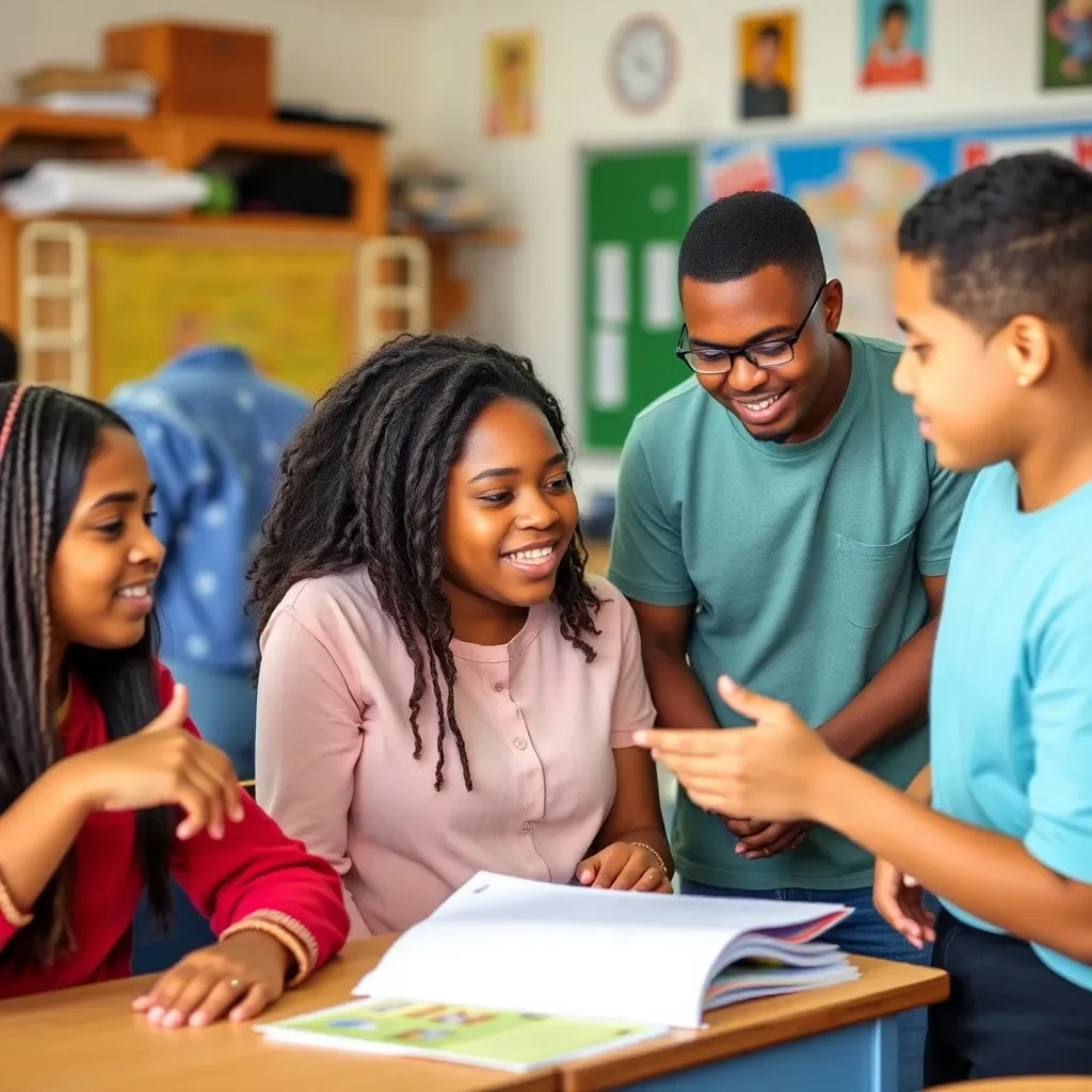 Diverse students collaborating in a vibrant classroom setting.