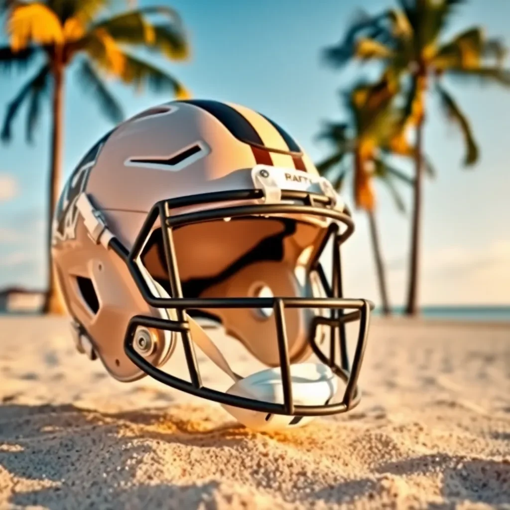 Football helmet on a beach with palm trees.