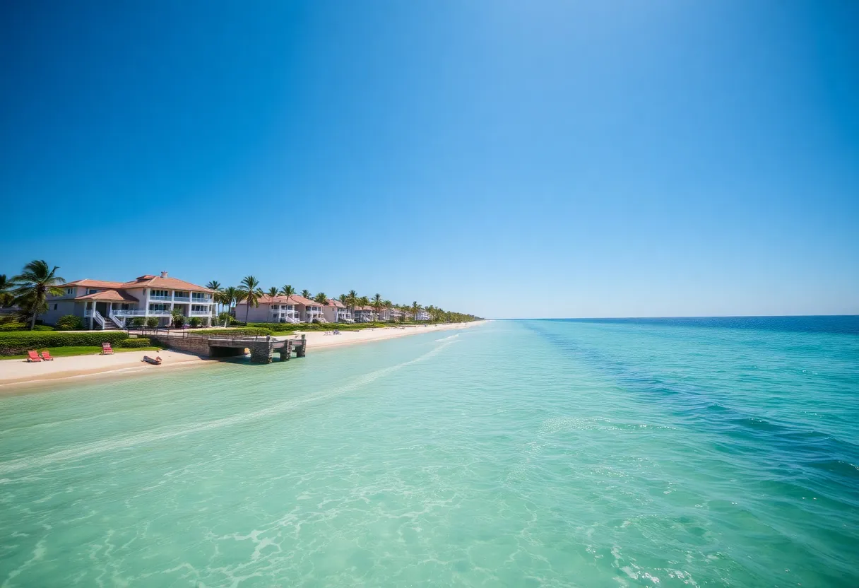 Luxurious beachfront properties under a clear blue sky.