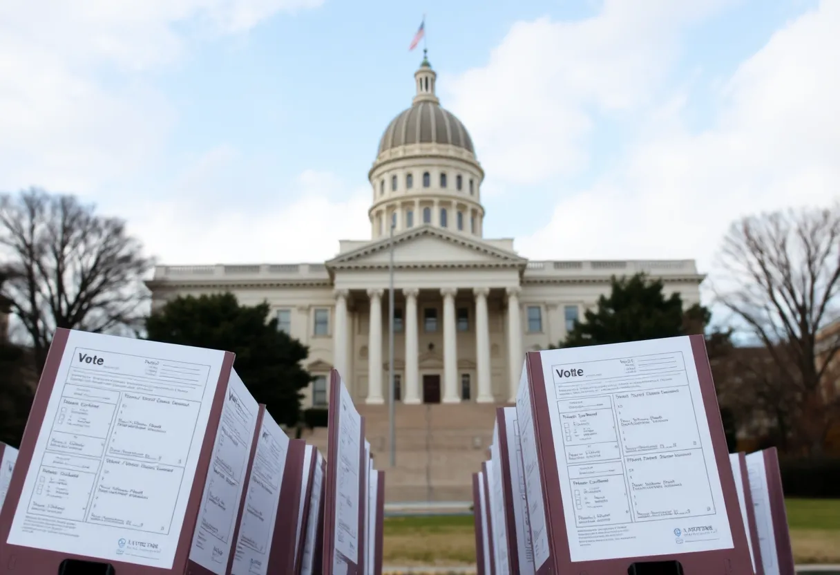 Voting ballots with a backdrop of a courthouse.