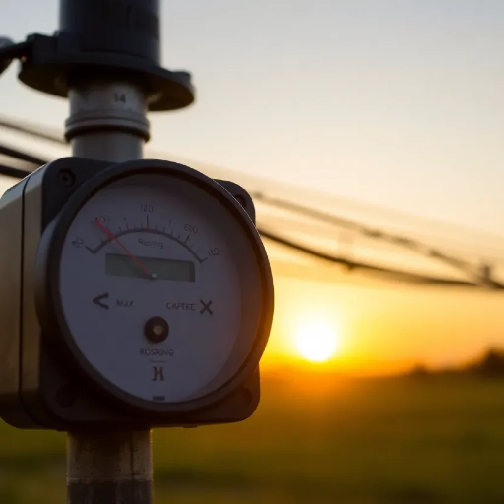 Utility meter with rising graph and sun setting background.