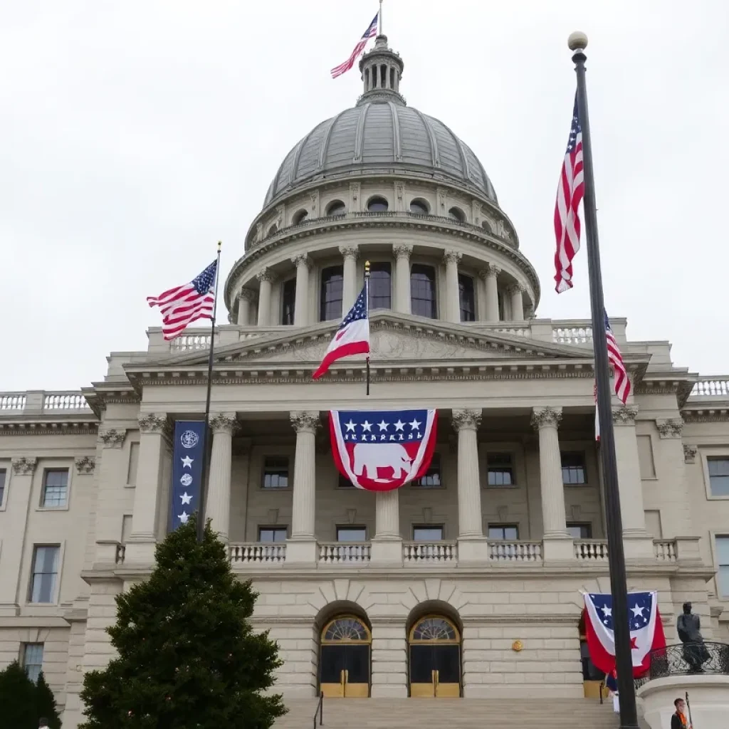 State capitol building with Republican flags and banners.