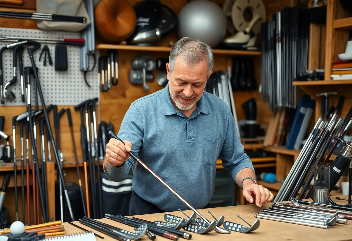 Custom golf clubs displayed in a scenic golf course