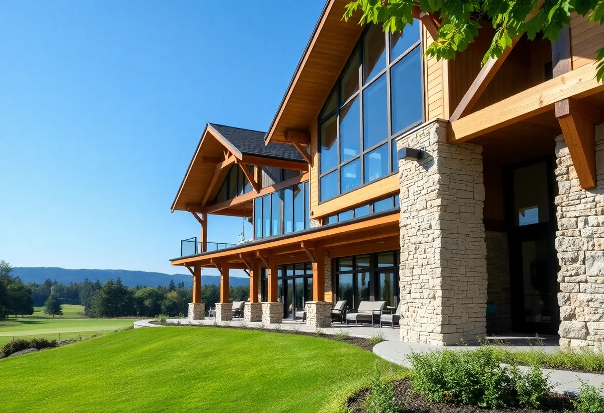 The newly built clubhouse at Bonita Bay Club in Naples, Florida with beautiful golf course views.