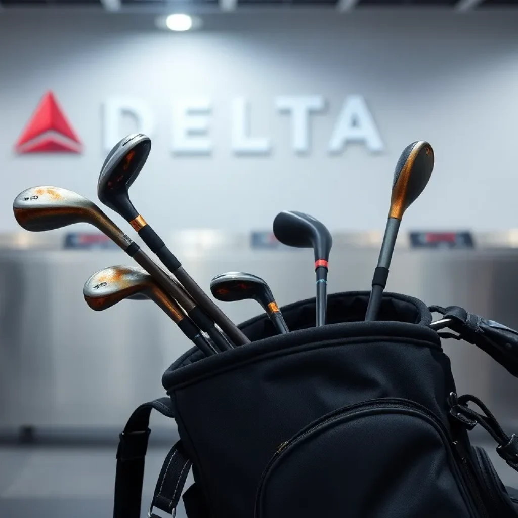 Burnt golf bag and clubs after a Delta flight incident