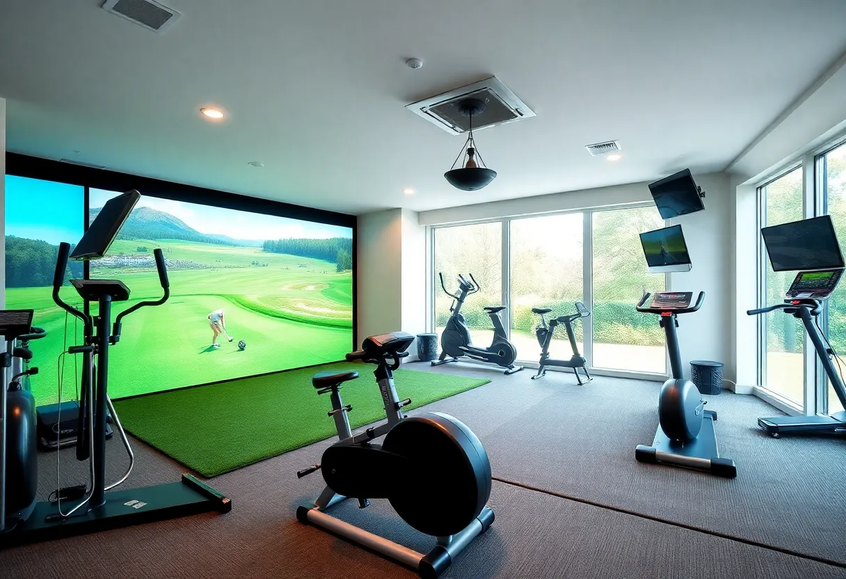 Home gym with a golf simulator and fitness equipment