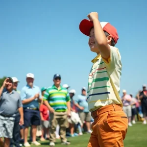 Crowd cheering on a golf course during a championship event.