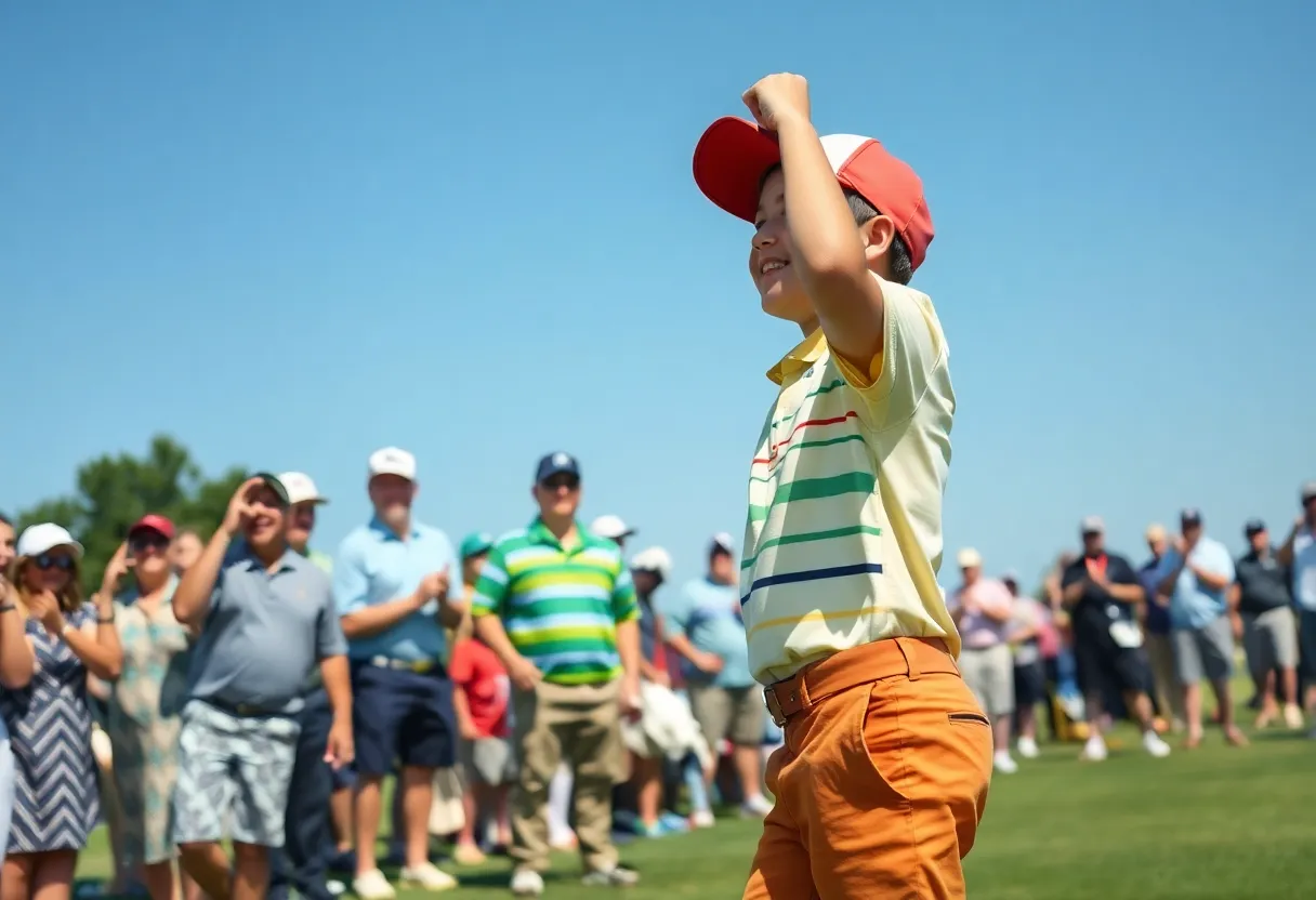 Crowd cheering on a golf course during a championship event.