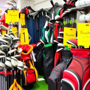 Holiday-themed display of golf equipment on sale for Cyber Monday.