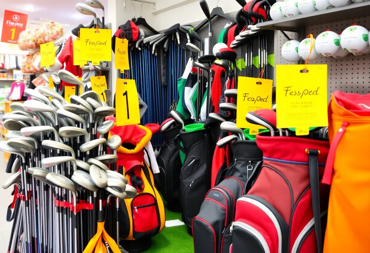 Holiday-themed display of golf equipment on sale for Cyber Monday.