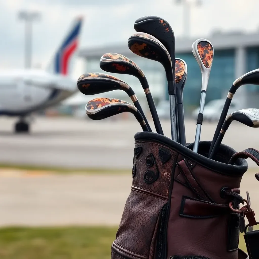 A burnt golf bag and clubs in an airport luggage claim area.