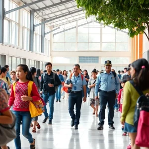 Students and parents in a school environment focused on safety