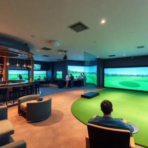 Indoor golf venue with simulators and dining area in Denver.