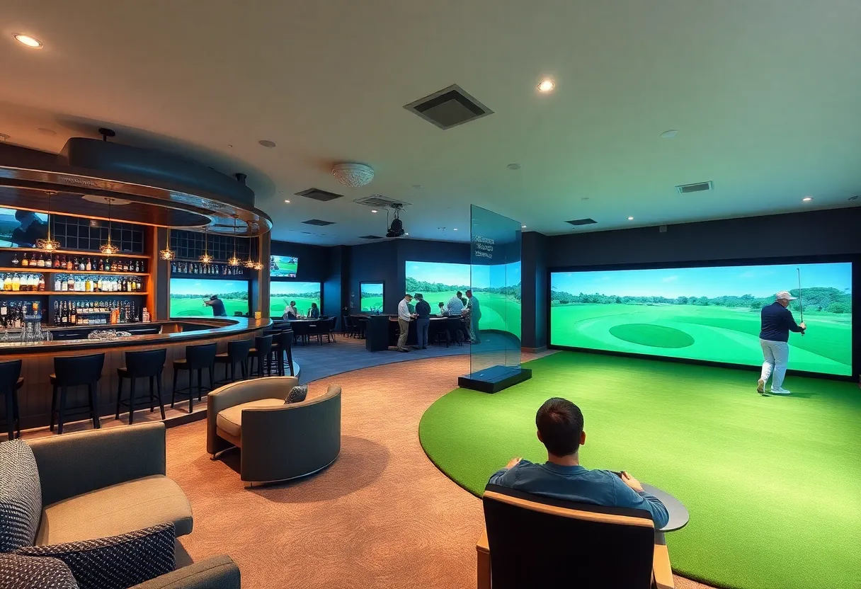 Indoor golf venue with simulators and dining area in Denver.