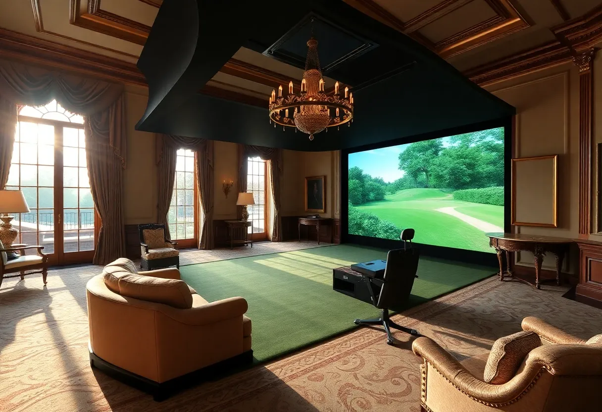 Luxurious golf simulator in a mansion gym