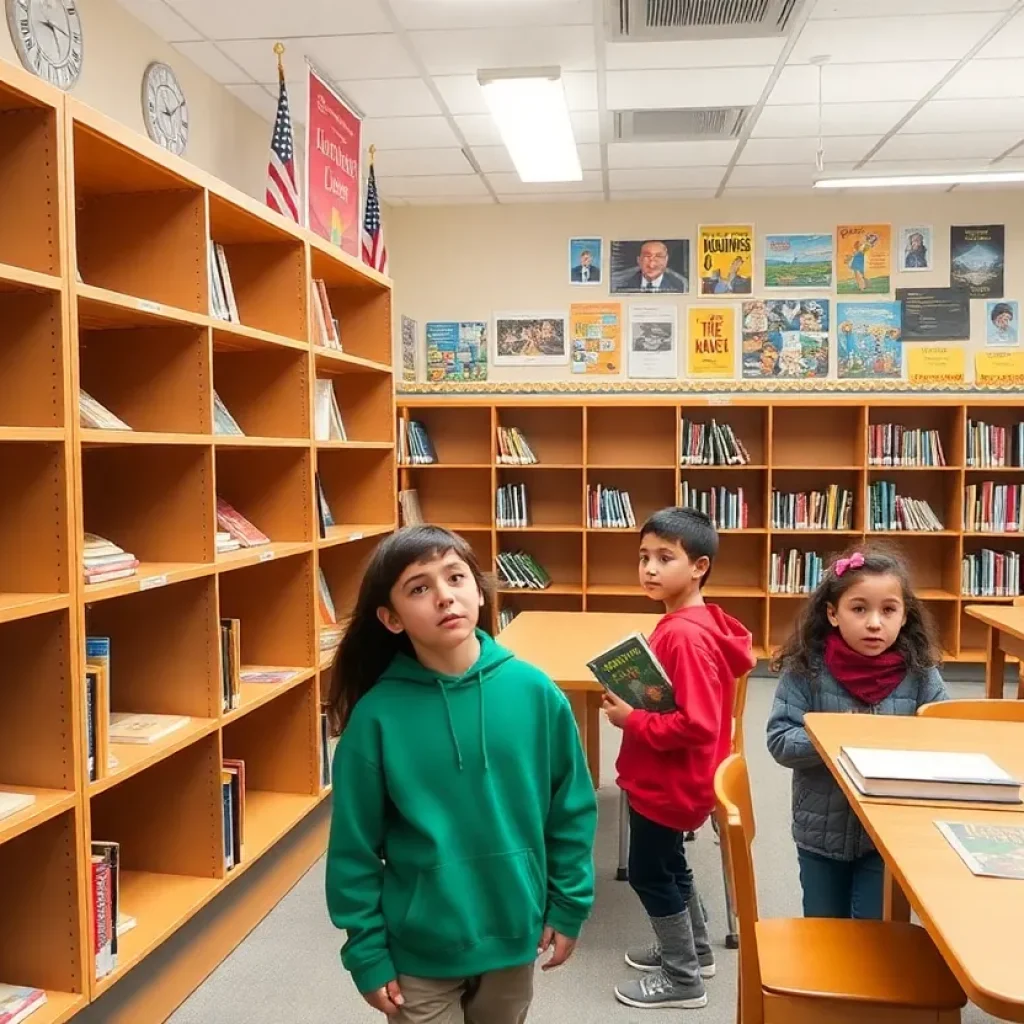 Empty school library shelves representing book removals in Florida