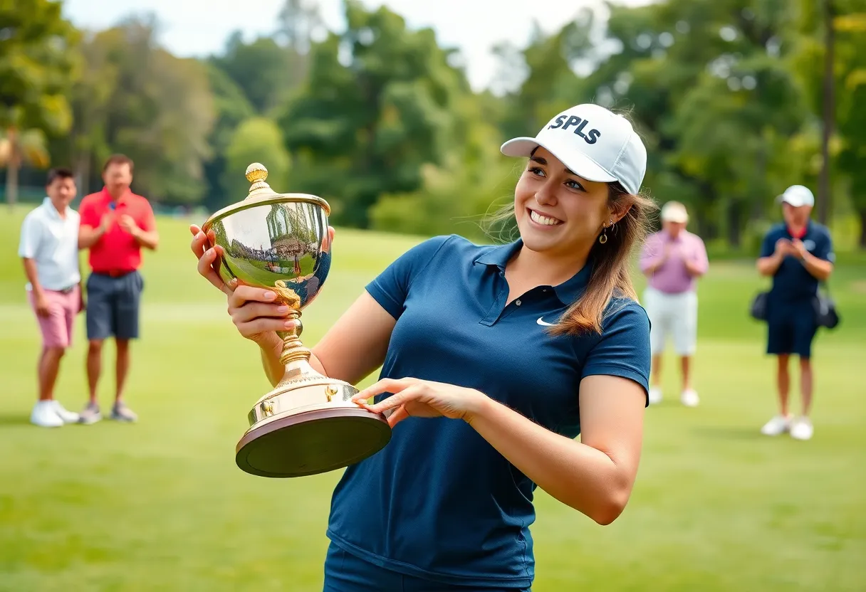 Female golfer celebrating her victory at Dixie Women's Amateur in Fort Lauderdale, Florida