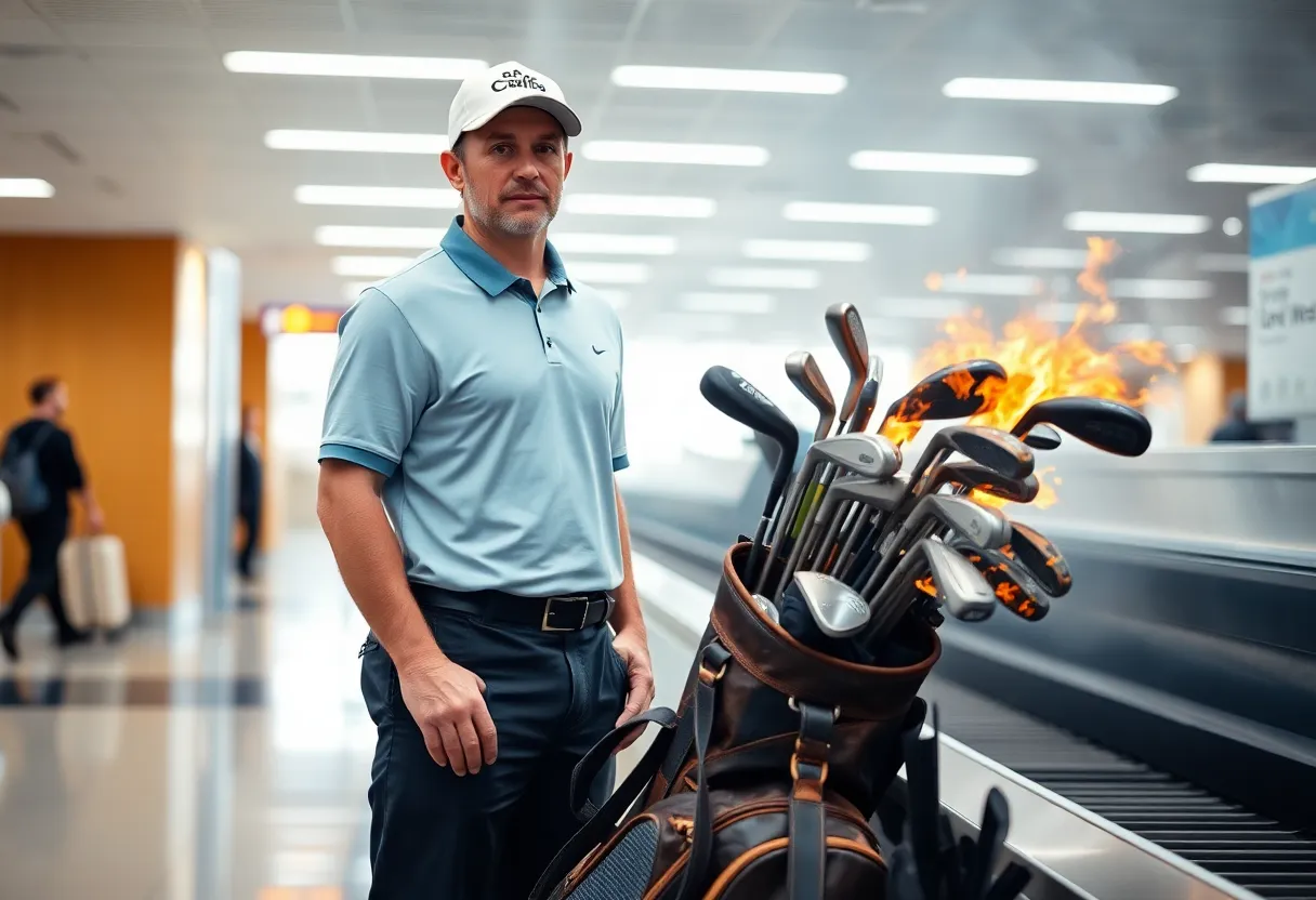 Golfer John Andre shocked at his damaged golf clubs in baggage claim.