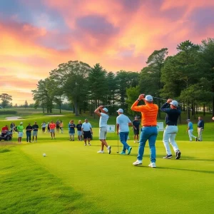 Golf enthusiasts enjoying a sunny day at a golf tournament