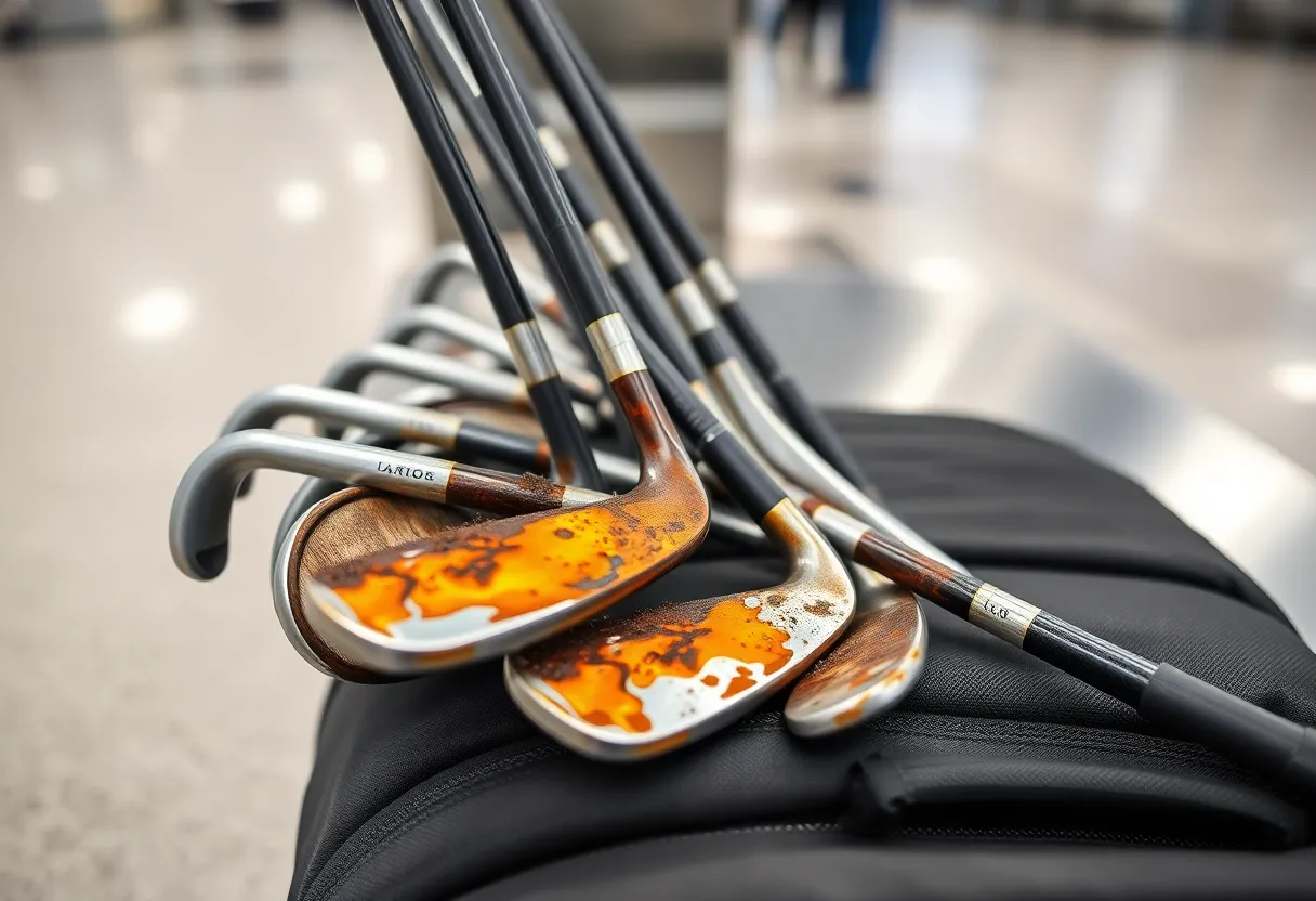 Damaged golf clubs in a burnt bag at baggage claim