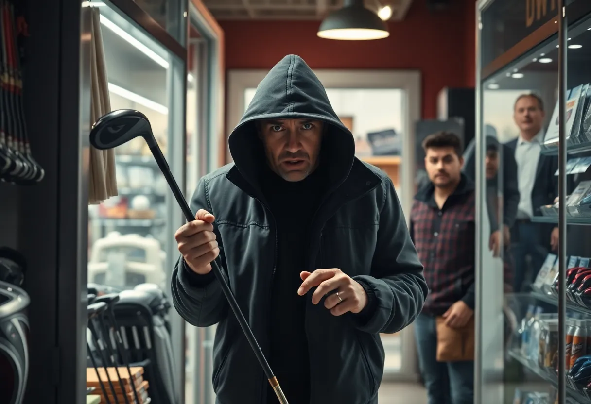 Display of golf clubs in a shop under surveillance