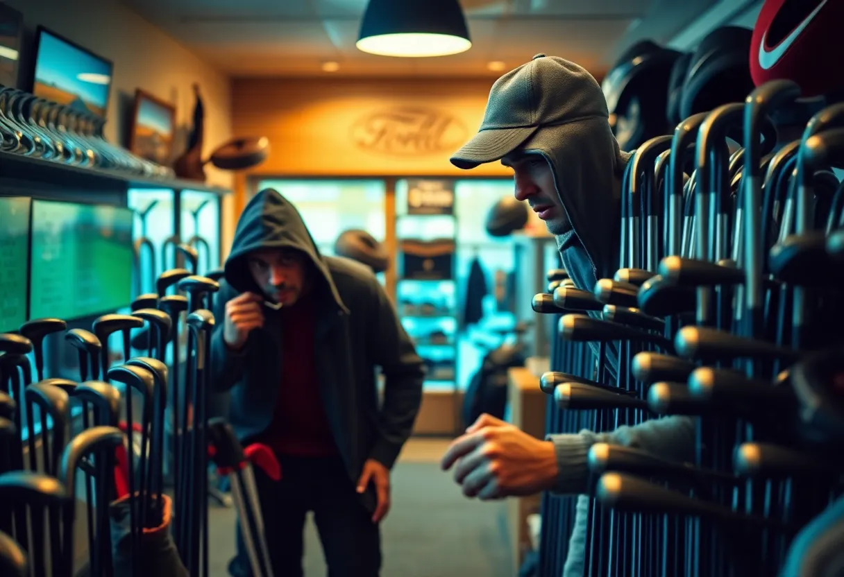 A thief stealing golf clubs from a retail shop.