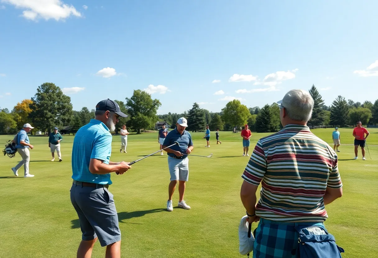 A modern golf course with high-tech golf equipment and happy golfers.