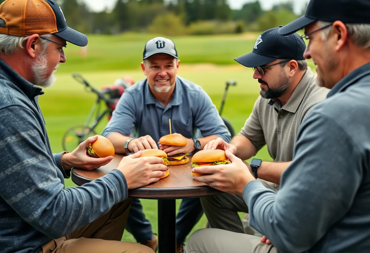 Equipment managers discussing and sharing insights at a golf symposium