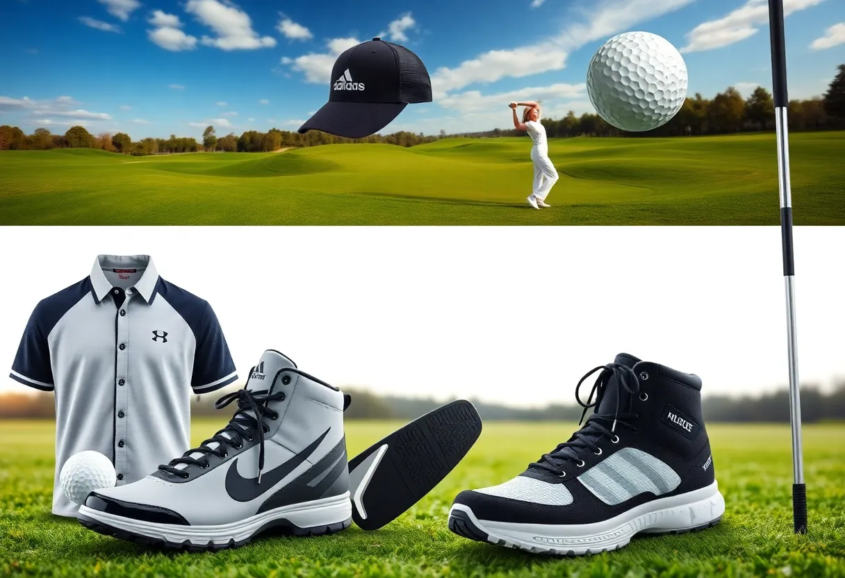 Collage of fashionable golf apparel, winter boots, and golf clubs on a course