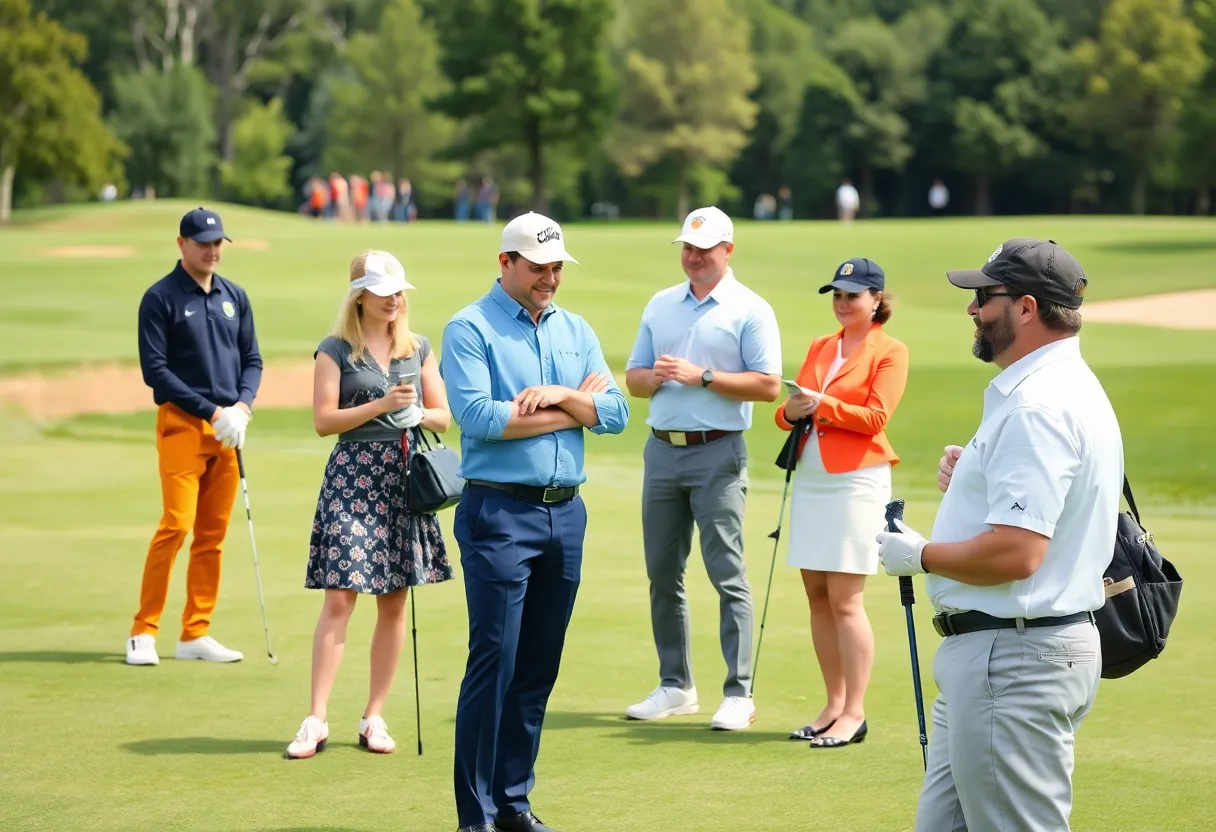 A diverse group of golfers showcasing etiquette on the green