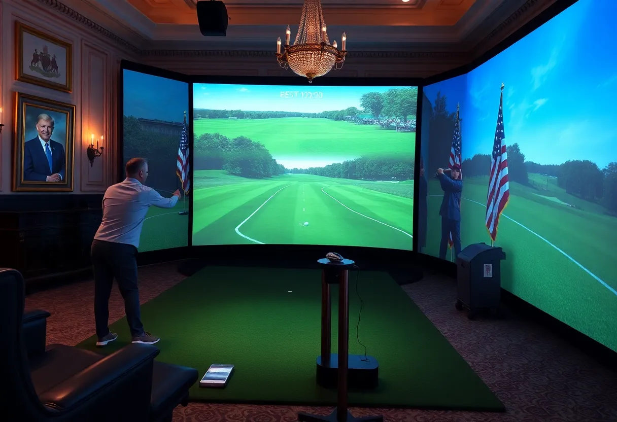 Golf simulator set up in a luxurious living room