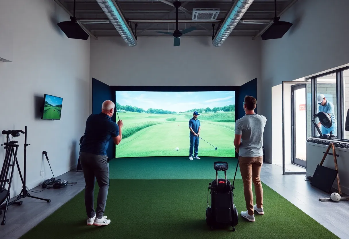 Indoor golf simulator with players enjoying their game at a gym