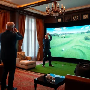 A high-tech golf simulator located in the opulent interior of a Governor's Mansion.