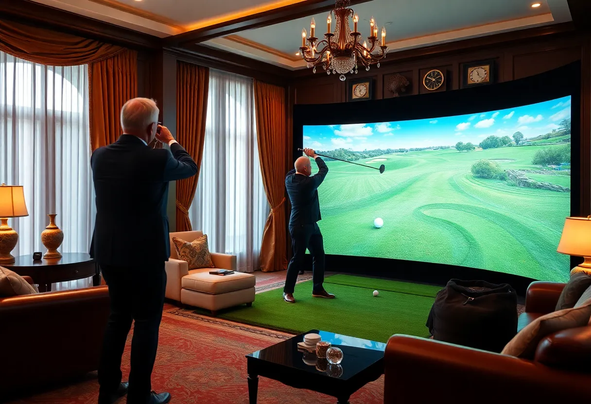 A high-tech golf simulator located in the opulent interior of a Governor's Mansion.