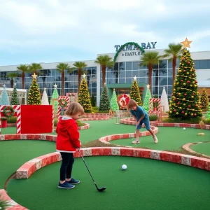 Families playing mini golf at the festive Putt The Pier event in Saint Petersburg.