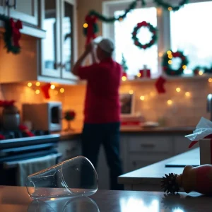 Broken glass in a festive kitchen with a golf club