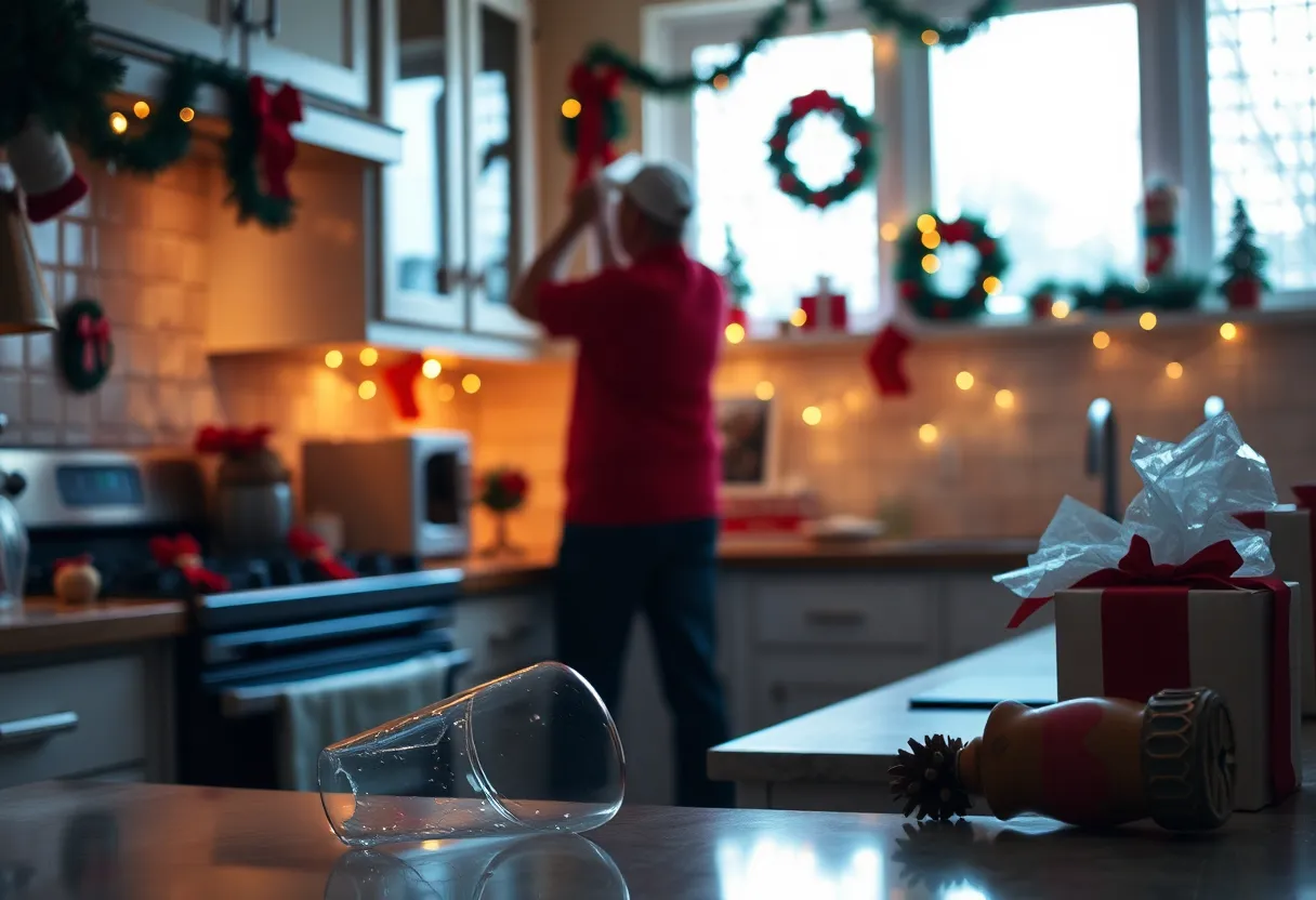 Broken glass in a festive kitchen with a golf club