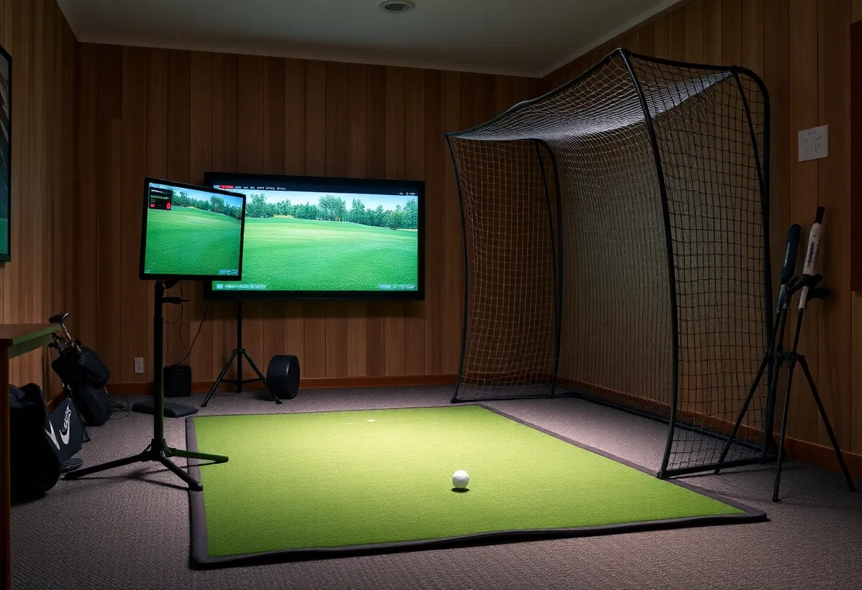 A well-arranged home golf simulator with a monitor, golf mat, and practice net.