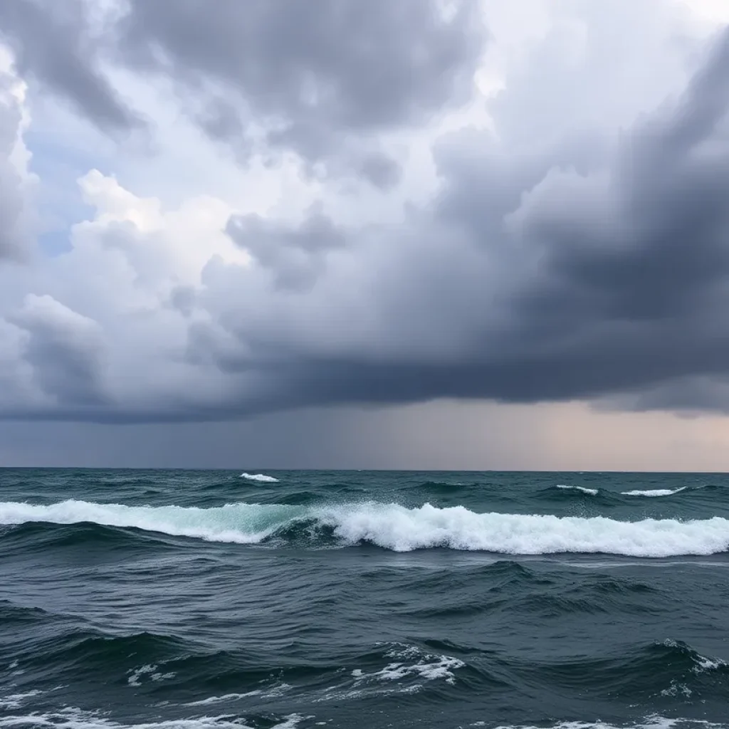 Stormy weather and dark clouds over the ocean signifying Hurricane Milton