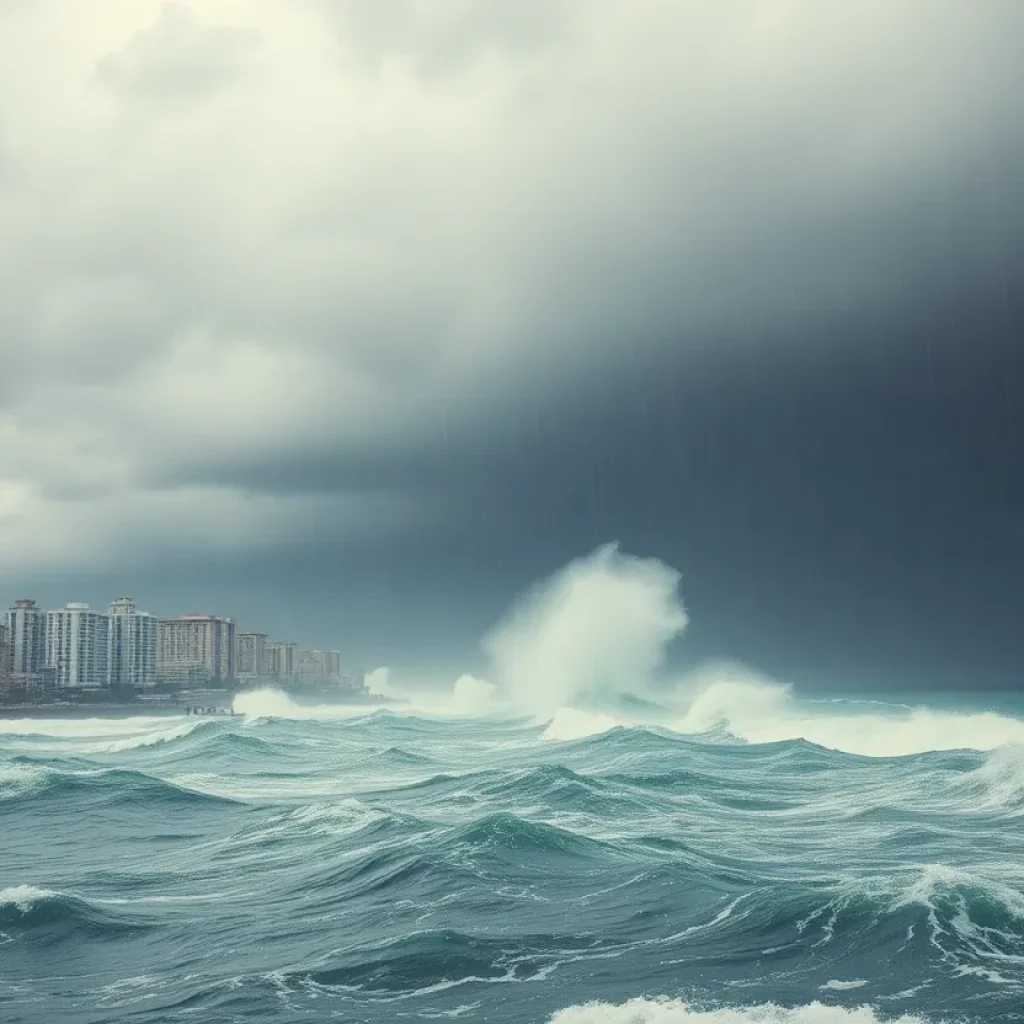 Coastal scene during Hurricane Milton showing heavy rainfall and strong winds in Sarasota