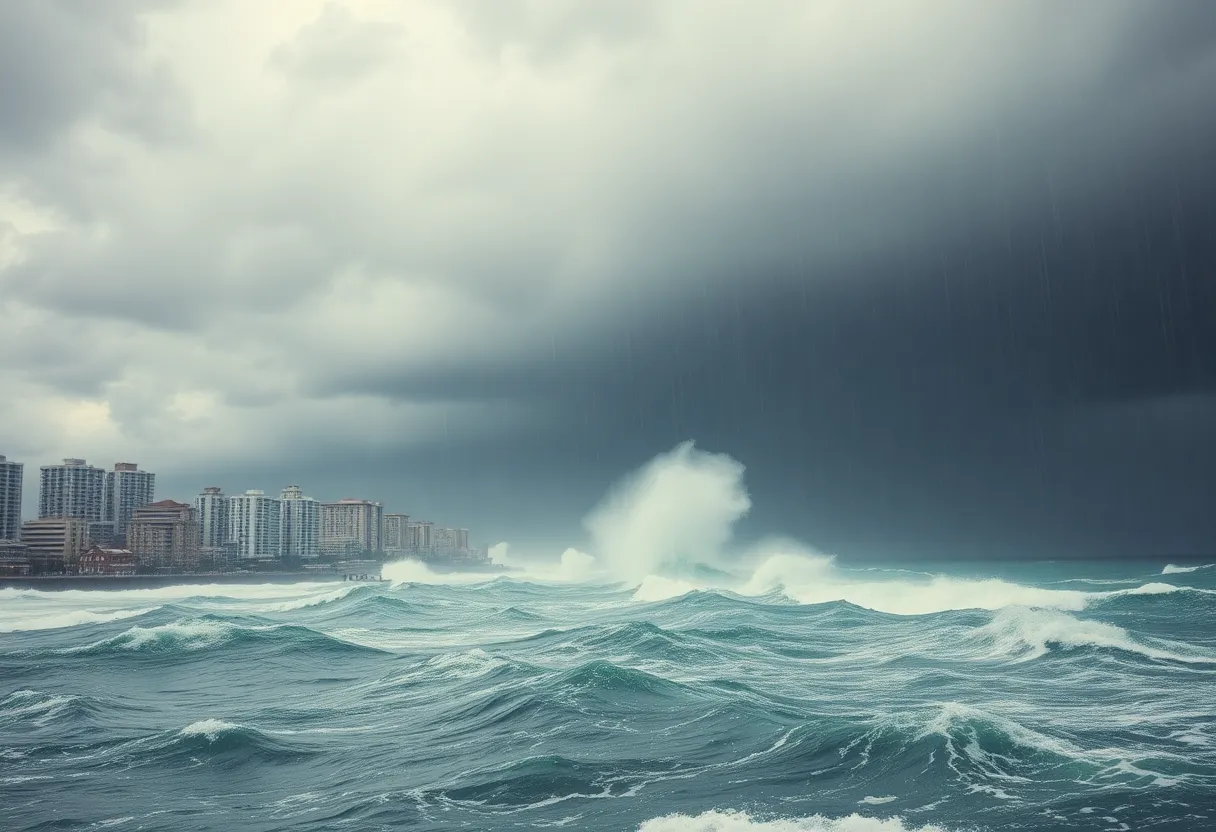 Coastal scene during Hurricane Milton showing heavy rainfall and strong winds in Sarasota