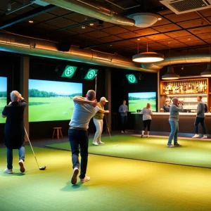 Guests enjoying indoor golf simulators at The Cave