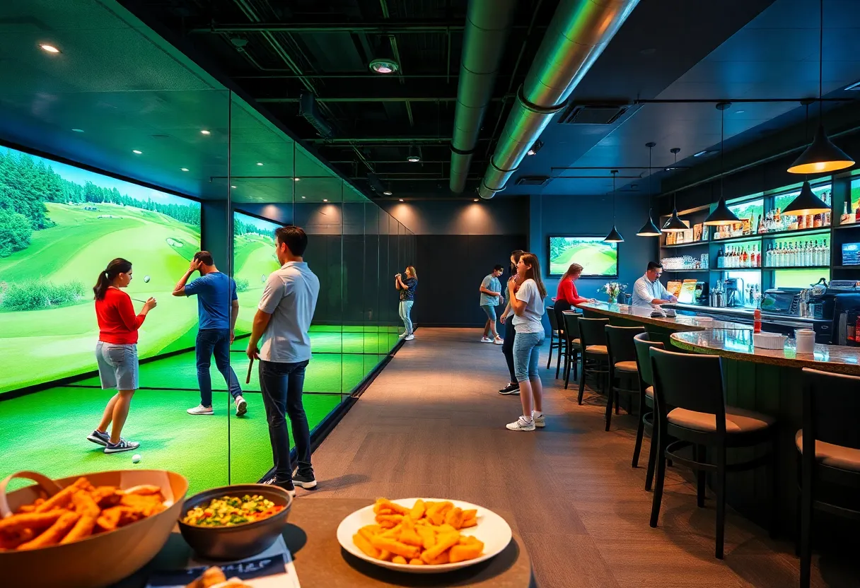 Players enjoying indoor golf simulators at The Cave in Estero