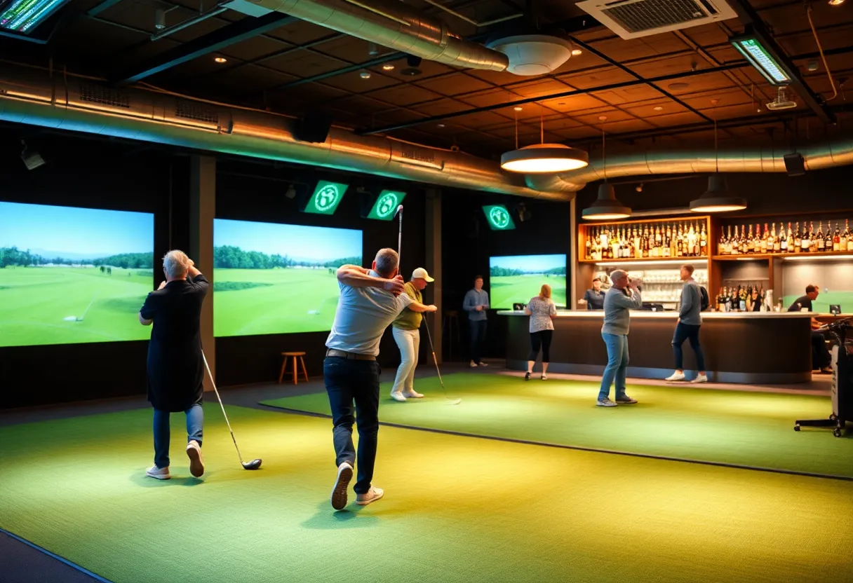 Guests enjoying indoor golf simulators at The Cave