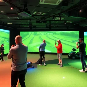 Excited golfers enjoying indoor golf at a modern venue in Palm Beach County