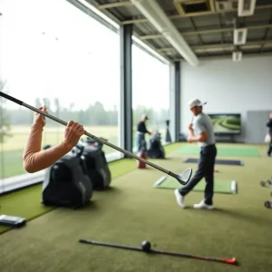 Golfer practicing indoor golf with adjustable clubs