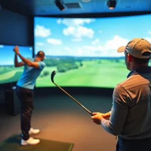 Golfers enjoying an indoor golf simulator under large screens in Florida