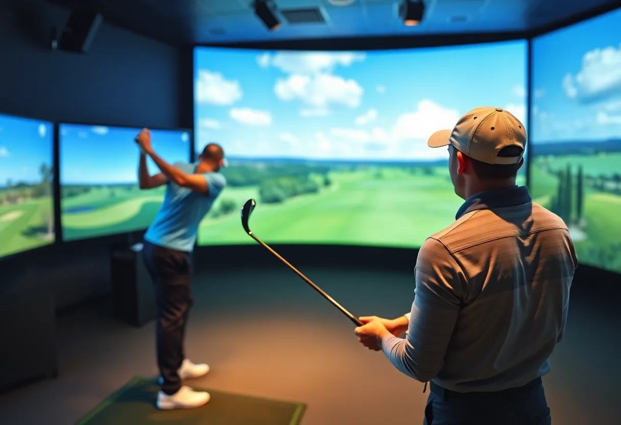 Golfers enjoying an indoor golf simulator under large screens in Florida